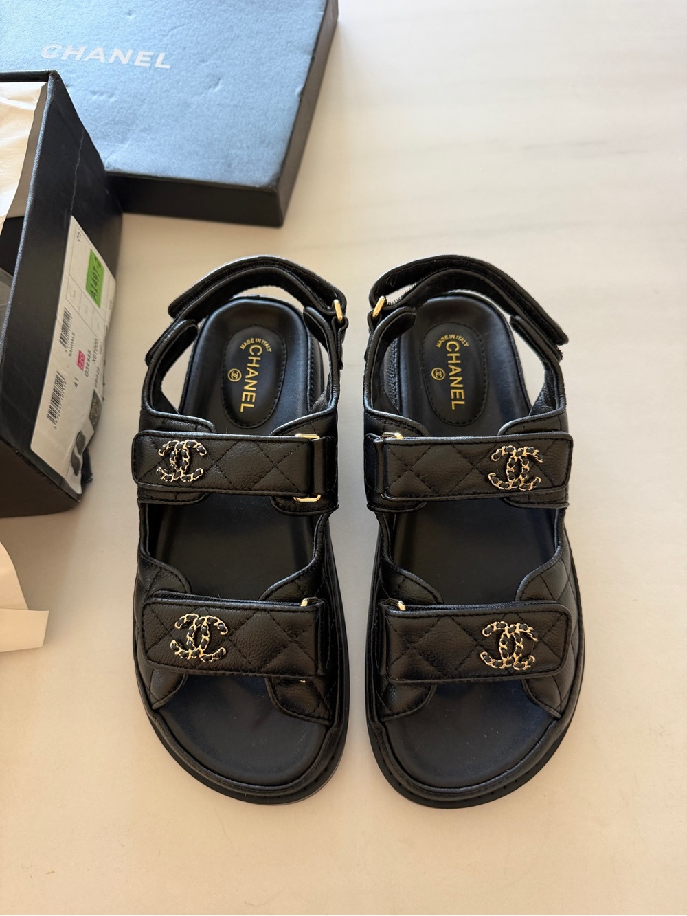CHANEL Black Quilted Sandal with Gold CC Accents